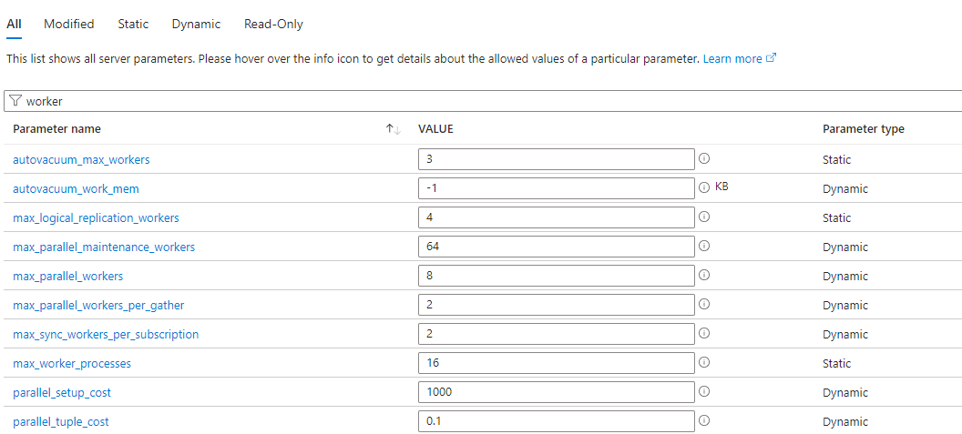 Azure PostgreSQL workers related configuration