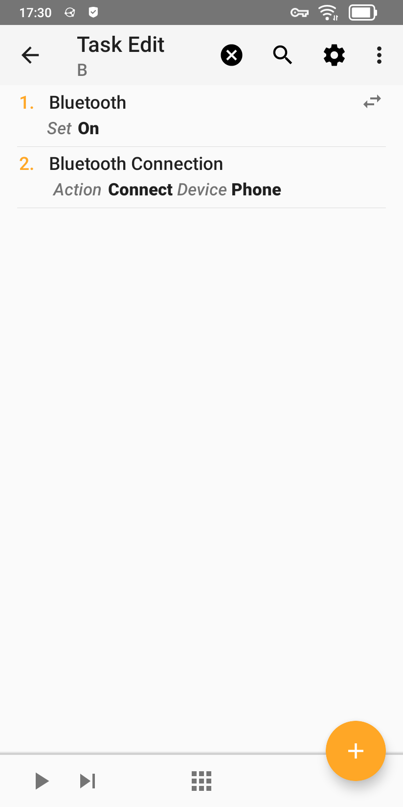 Task Edit screenshot, 1. Bluetooth Set On, 2. Bluetooth Connection Action Connect Device Phone